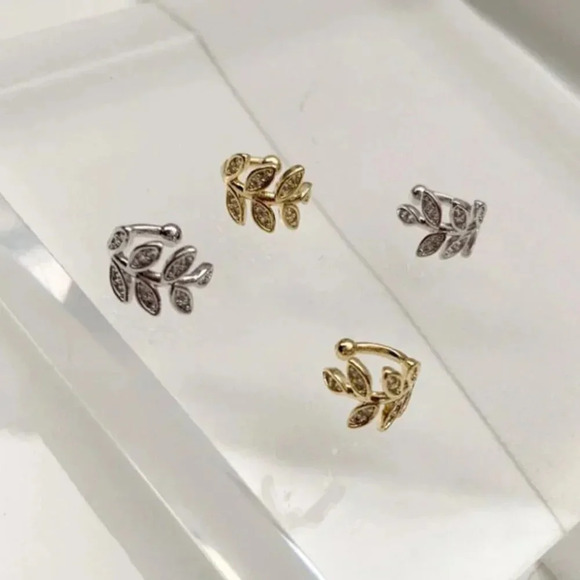 Sterling Silver Diamond Leaf Ear Cuffs Gold Silver - Picture 1 of 12